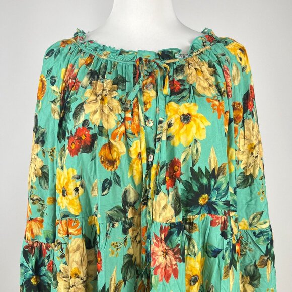 $398 NWOT Johnny Was Tulum Relaxed Tiered Floral Teal Mini Dress Multicolor Sz S - Picture 3 of 12